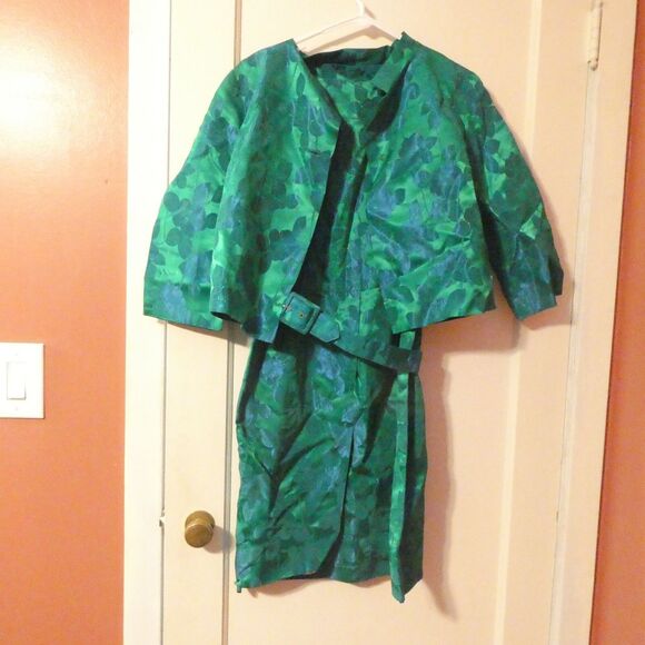 Blue Green Floral Brocade Sleeveless Sheath Dress w/Jacket Small 4 NEEDS TLC - Picture 2 of 16